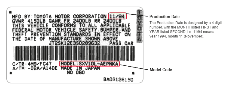 Toyota Model Code and Production Date